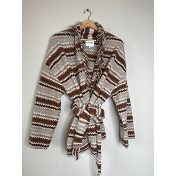 NEW Kujten Paris Zaina Cashmere Belted Waist Long Sleeve Jacket Brown Size: 1 - Picture 2 of 7